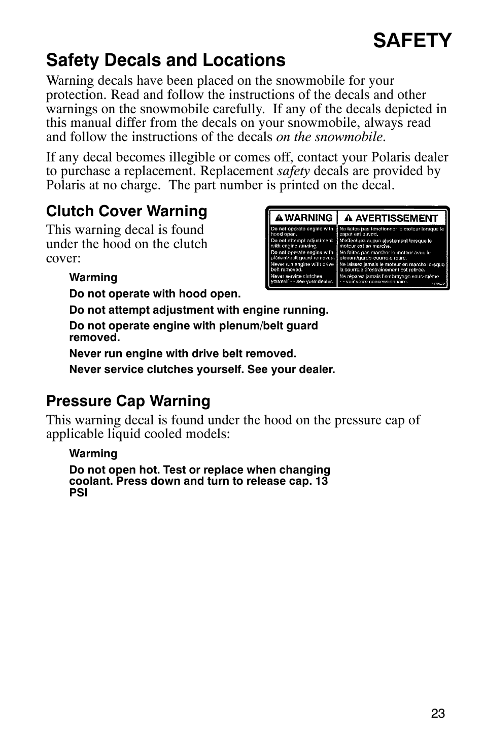 Safety, Safety decals and locations | Polaris FST Touring User Manual | Page 26 / 157