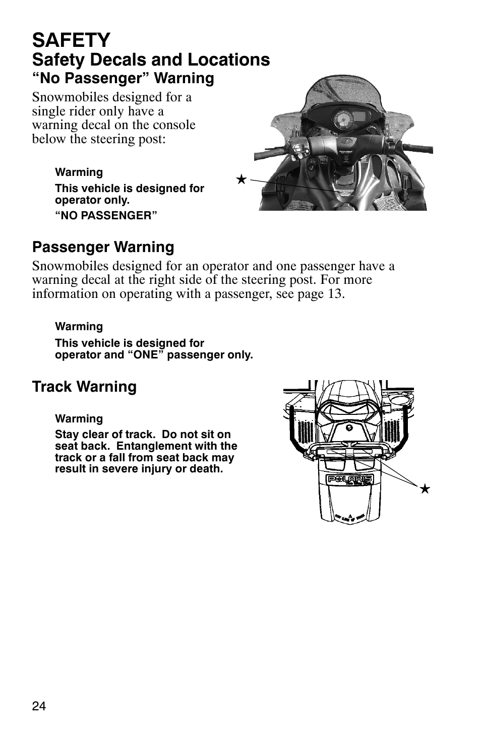 Safety, Safety decals and locations, No passenger” warning | Passenger warning, Track warning | Polaris FST Touring User Manual | Page 27 / 157