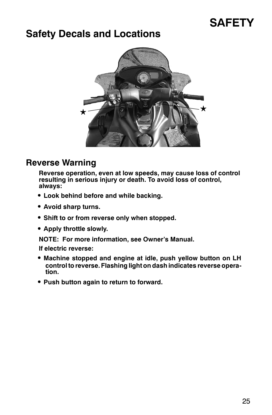 Safety, Safety decals and locations, Reverse warning | Polaris FST Touring User Manual | Page 28 / 157