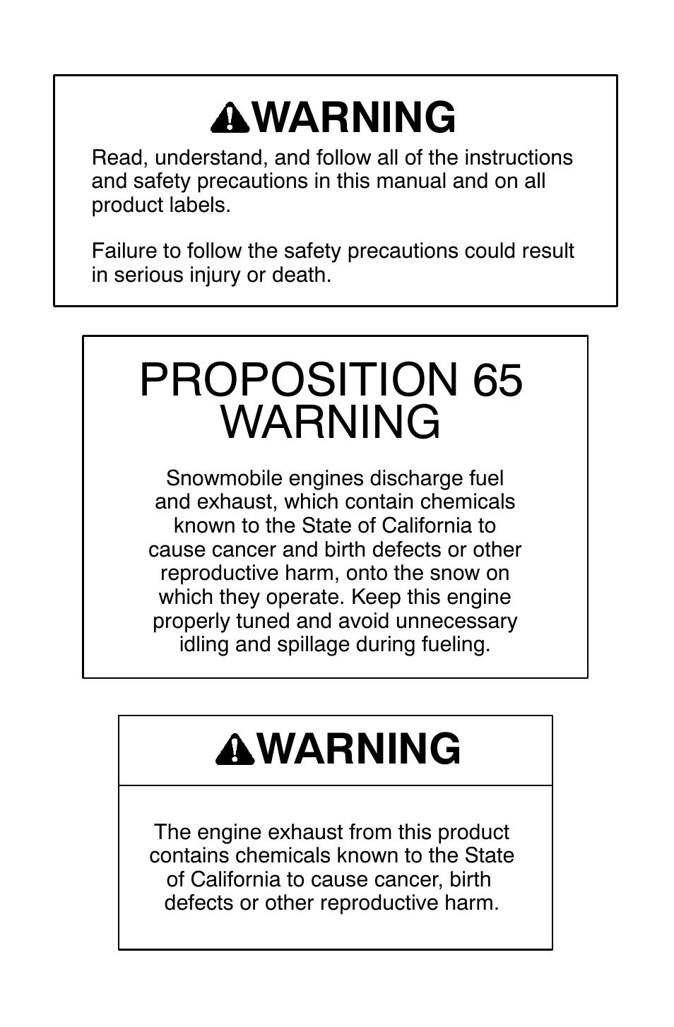 Proposition 65 warning, Warning | Polaris FST Touring User Manual | Page 3 / 157
