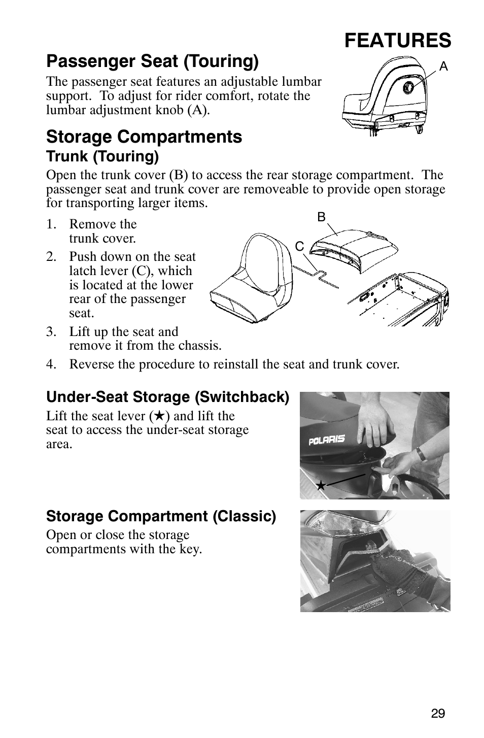 Features, Passenger seat (touring), Storage compartments | Polaris FST Touring User Manual | Page 32 / 157