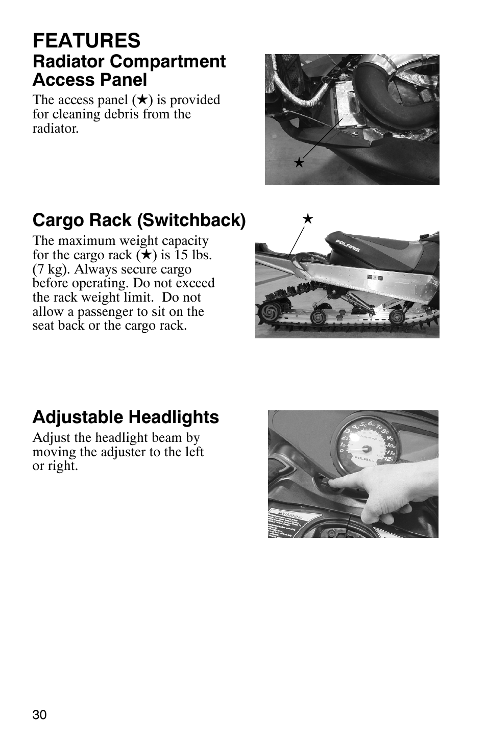 Features, Radiator compartment access panel, Cargo rack (switchback) | Adjustable headlights | Polaris FST Touring User Manual | Page 33 / 157