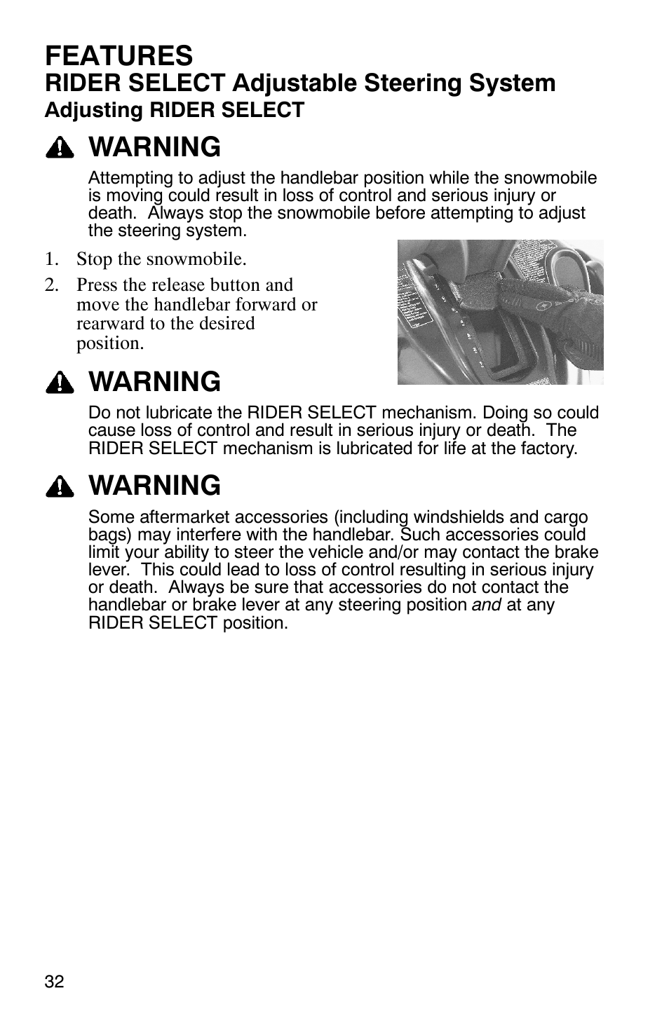 Features, Warning, Rider select adjustable steering system | Polaris FST Touring User Manual | Page 35 / 157