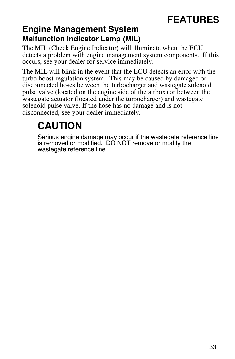 Features, Caution, Engine management system | Polaris FST Touring User Manual | Page 36 / 157
