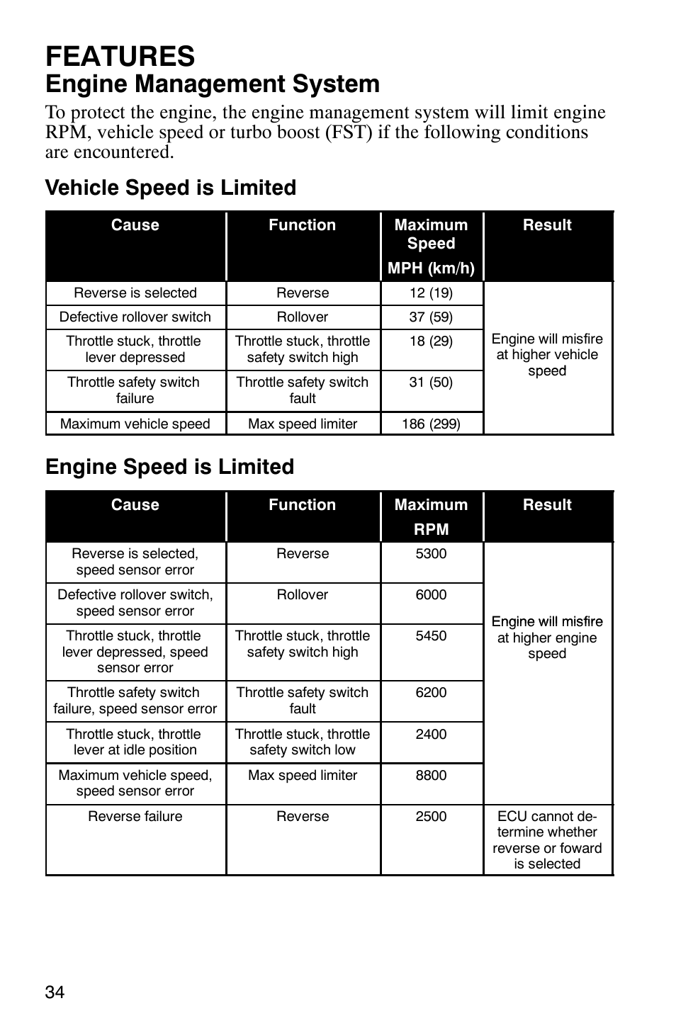 Features, Engine management system, Vehicle speed is limited | Engine speed is limited | Polaris FST Touring User Manual | Page 37 / 157