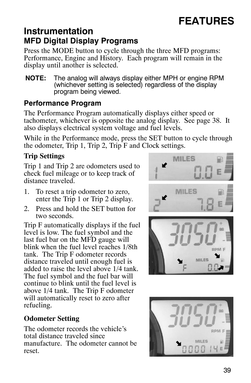 Features, Instrumentation | Polaris FST Touring User Manual | Page 42 / 157