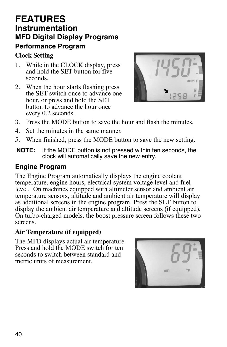 Features, Instrumentation | Polaris FST Touring User Manual | Page 43 / 157