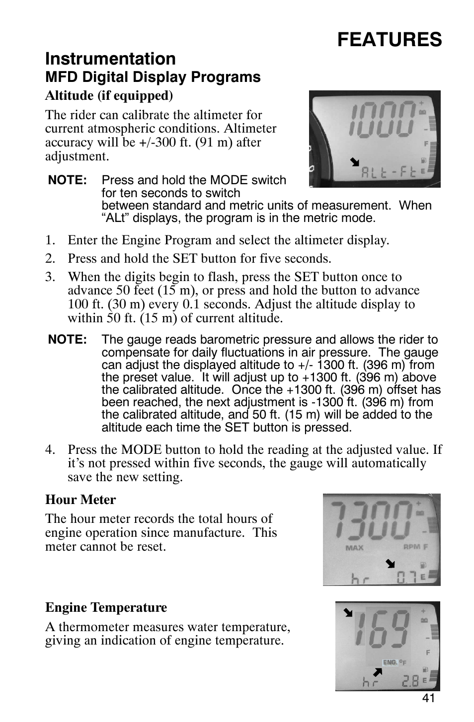 Features, Instrumentation | Polaris FST Touring User Manual | Page 44 / 157