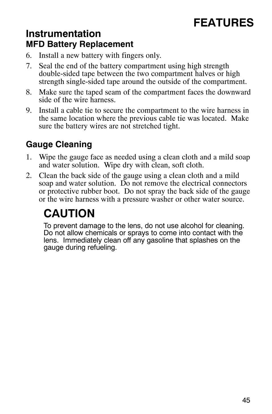 Features, Caution, Instrumentation | Polaris FST Touring User Manual | Page 48 / 157