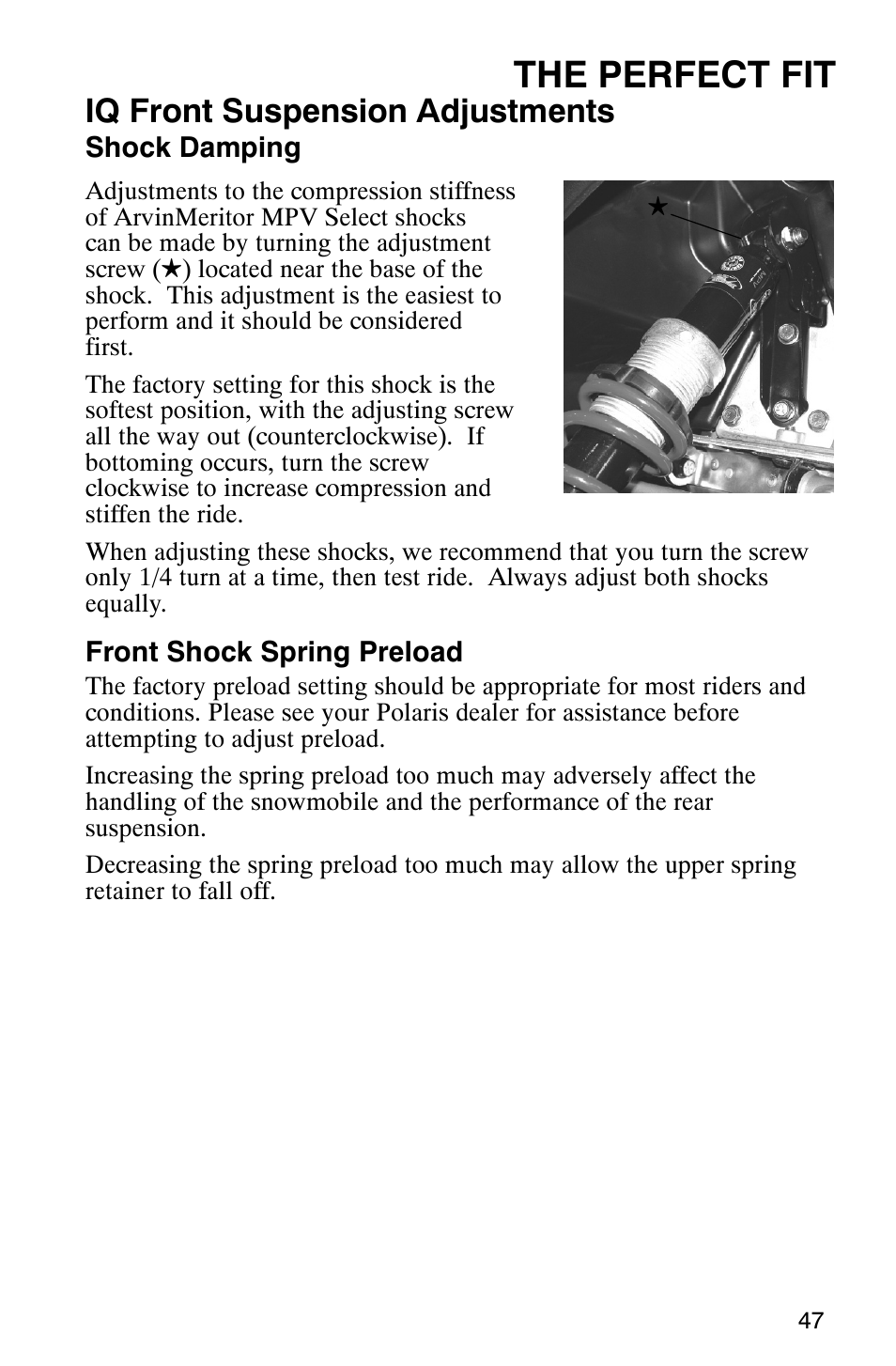 The perfect fit, Iq front suspension adjustments | Polaris FST Touring User Manual | Page 50 / 157