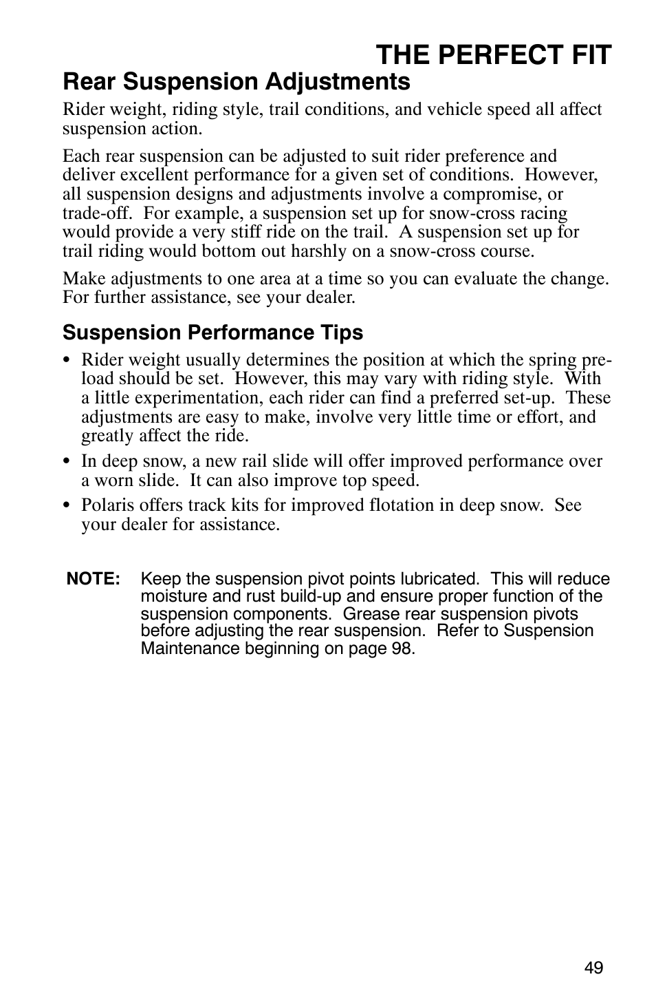 The perfect fit, Rear suspension adjustments | Polaris FST Touring User Manual | Page 52 / 157