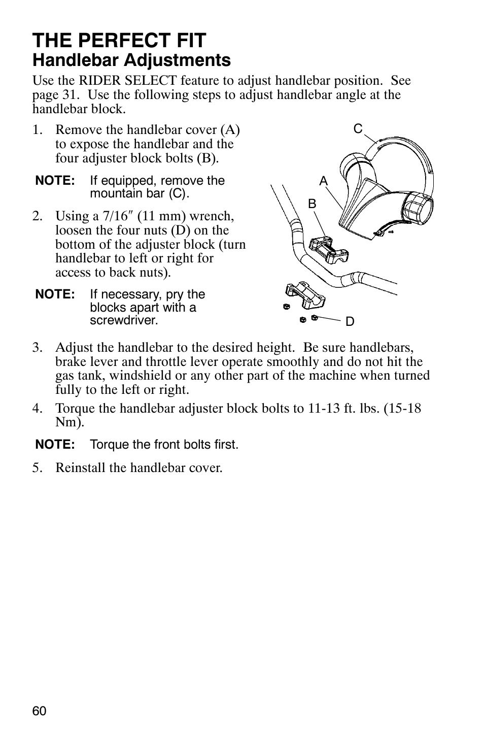 The perfect fit, Handlebar adjustments | Polaris FST Touring User Manual | Page 63 / 157