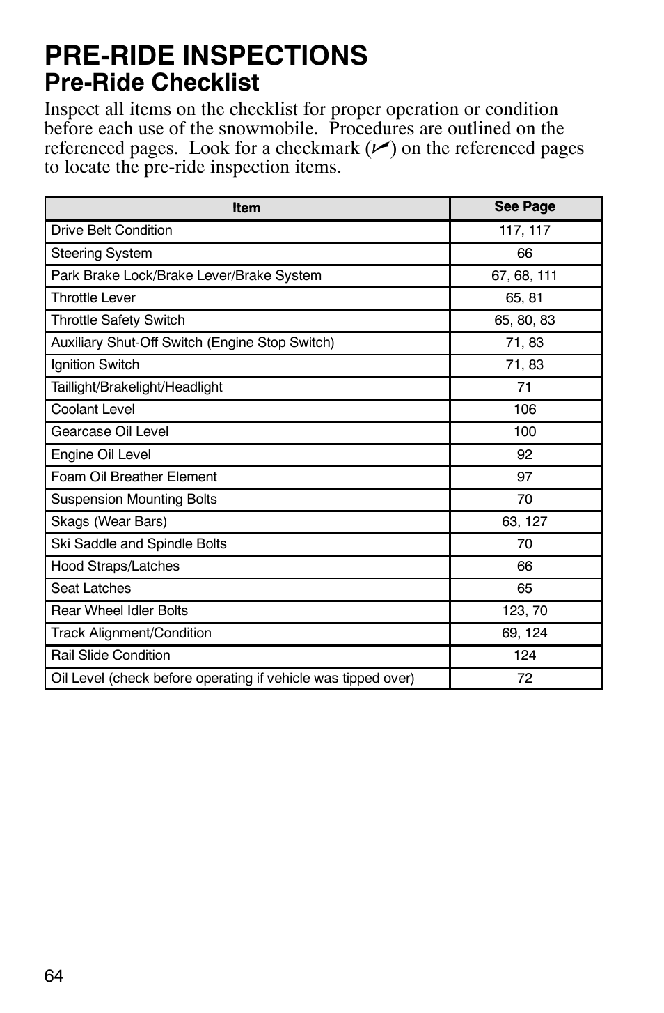 Pre-ride inspections, Pre-ride checklist | Polaris FST Touring User Manual | Page 67 / 157