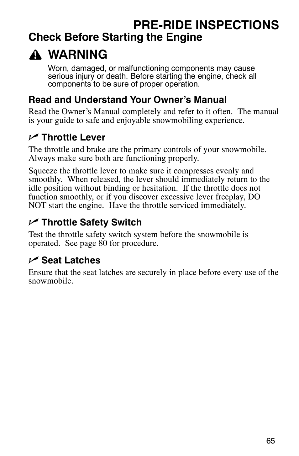 Pre-ride inspections, Warning, Check before starting the engine | Polaris FST Touring User Manual | Page 68 / 157