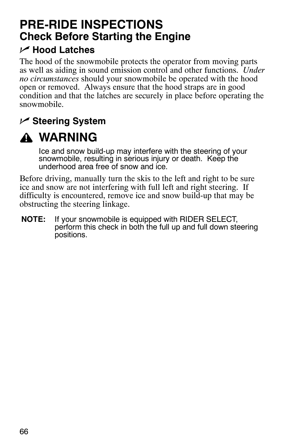 Pre-ride inspections, Warning, Check before starting the engine n | Polaris FST Touring User Manual | Page 69 / 157