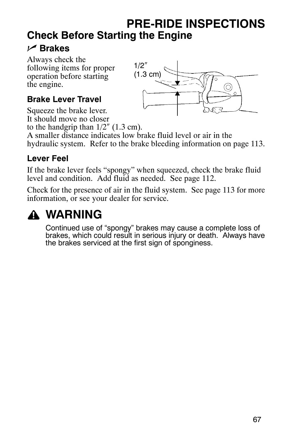 Pre-ride inspections, Warning, Check before starting the engine n | Polaris FST Touring User Manual | Page 70 / 157