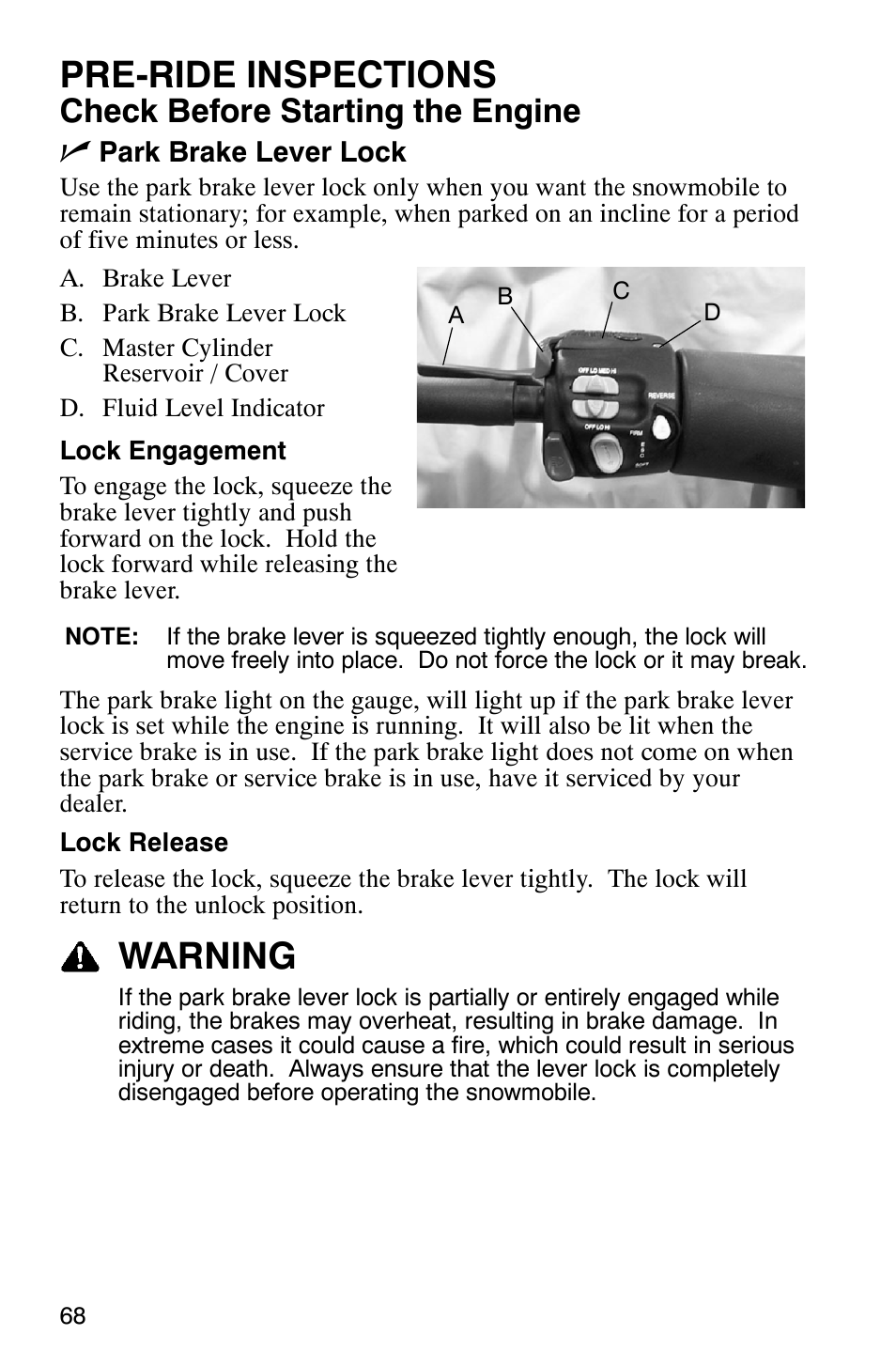 Pre-ride inspections, Warning, Check before starting the engine n | Polaris FST Touring User Manual | Page 71 / 157