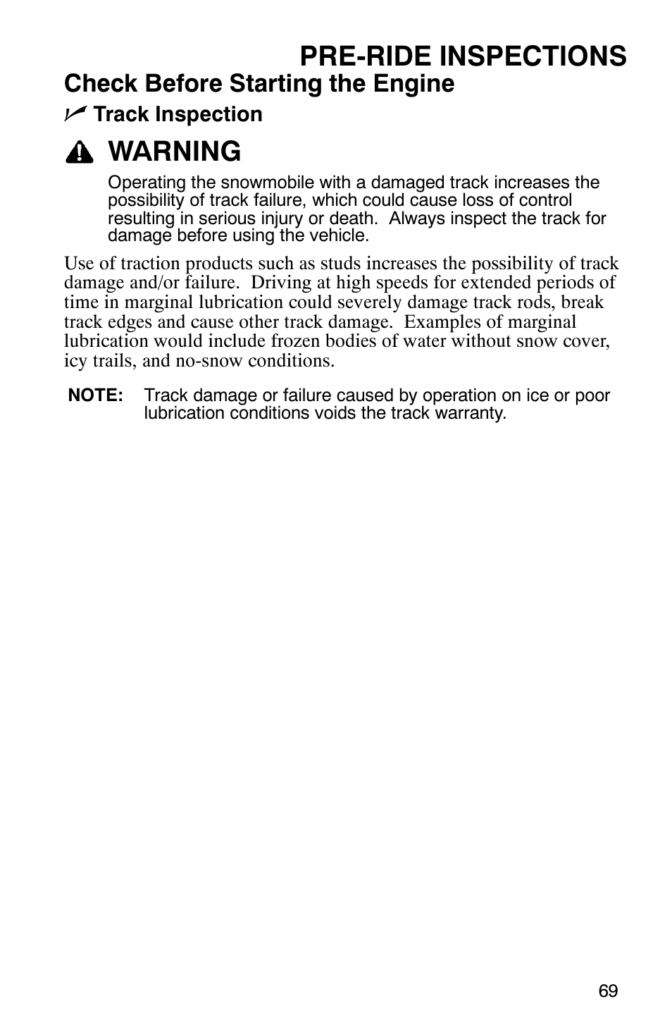 Pre-ride inspections, Warning, Check before starting the engine n | Polaris FST Touring User Manual | Page 72 / 157