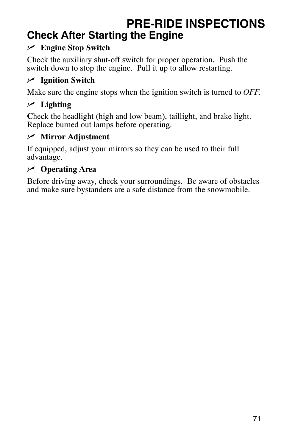 Pre-ride inspections, Check after starting the engine | Polaris FST Touring User Manual | Page 74 / 157