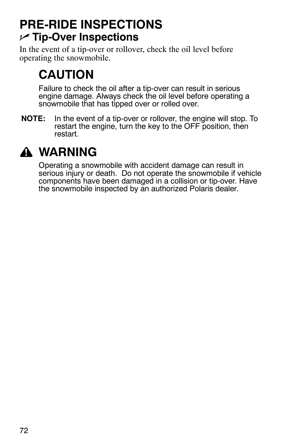Pre-ride inspections, Caution, Warning | Ntip-over inspections | Polaris FST Touring User Manual | Page 75 / 157