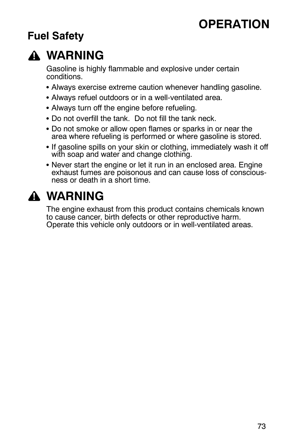 Operation, Warning, Fuel safety | Polaris FST Touring User Manual | Page 76 / 157