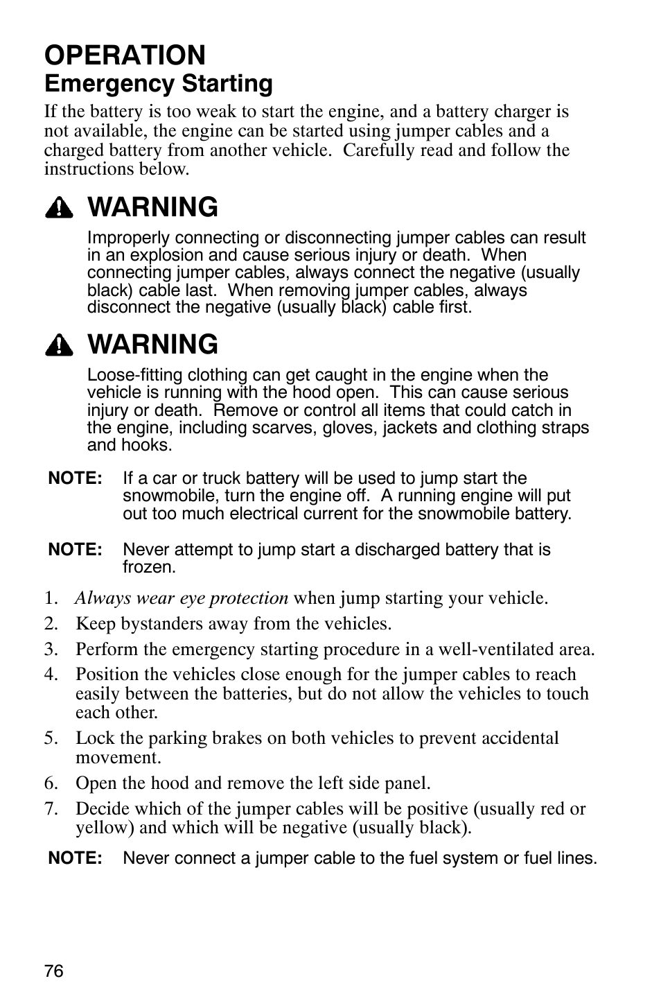 Operation, Warning, Emergency starting | Polaris FST Touring User Manual | Page 79 / 157