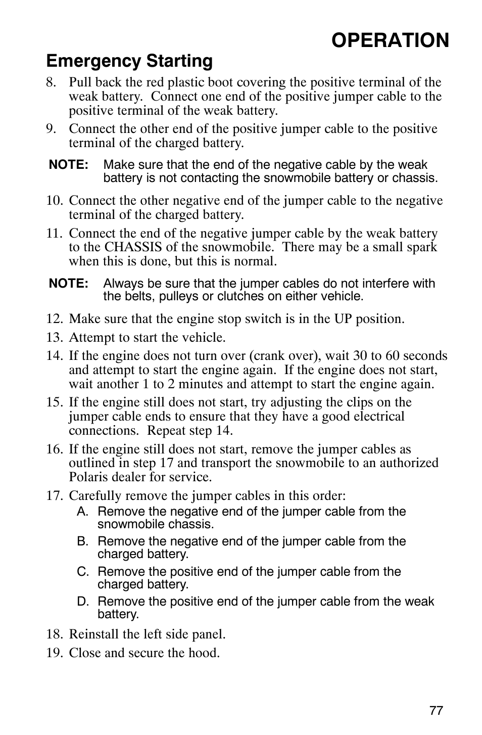 Operation, Emergency starting | Polaris FST Touring User Manual | Page 80 / 157