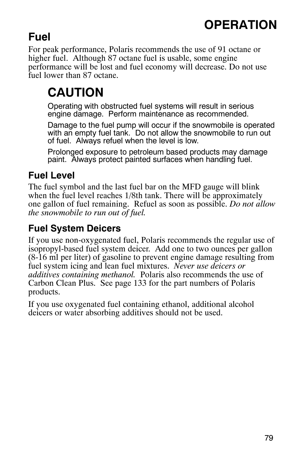 Operation, Caution, Fuel | Polaris FST Touring User Manual | Page 82 / 157