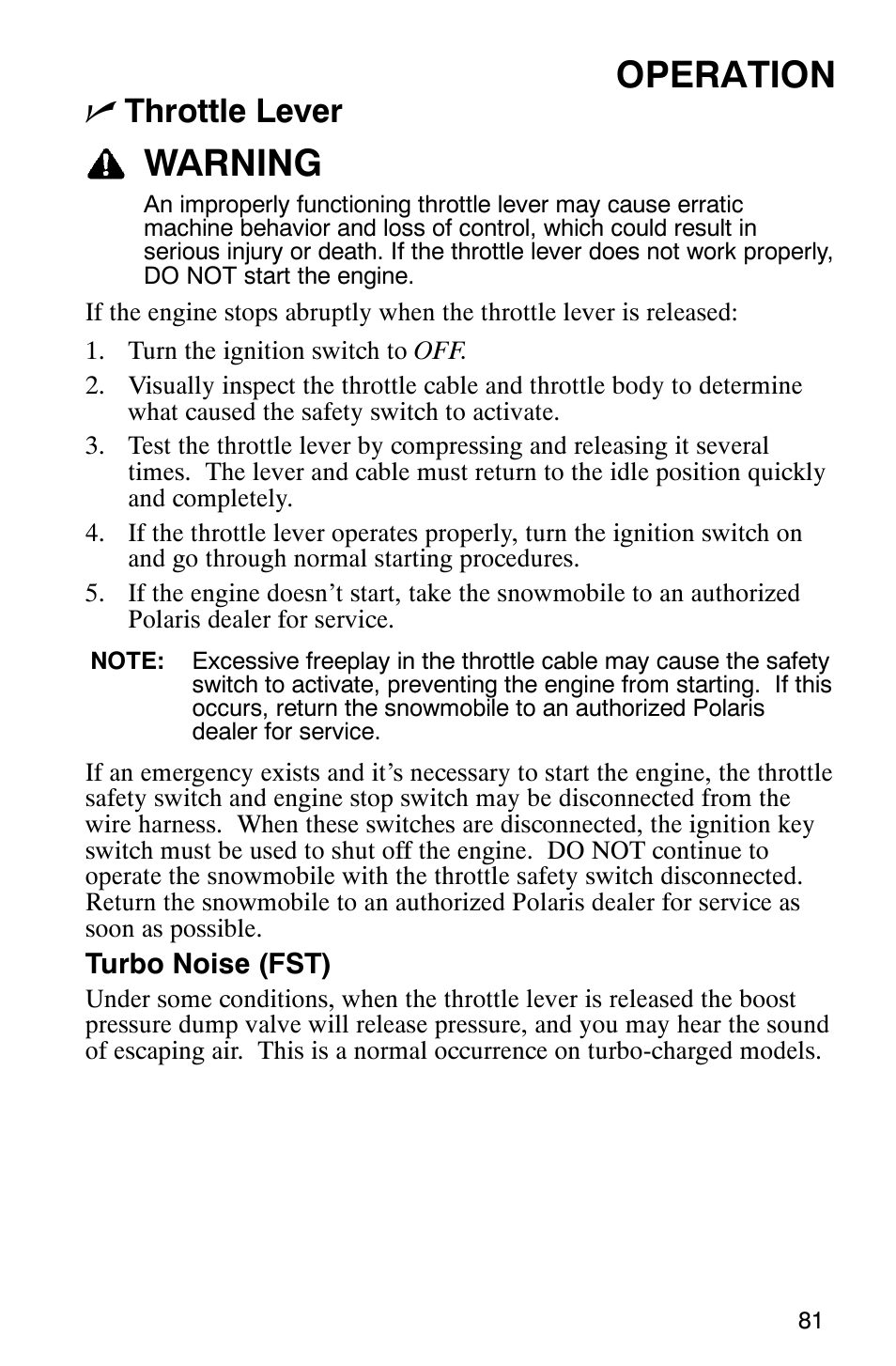Operation, Warning, Nthrottle lever | Polaris FST Touring User Manual | Page 84 / 157