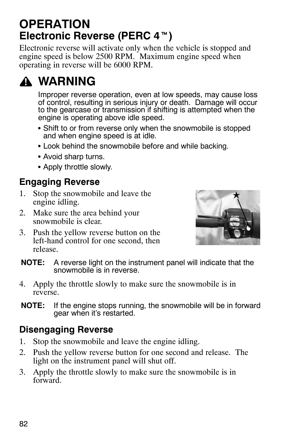 Operation, Warning, Electronic reverse (perc 4 t ) | Polaris FST Touring User Manual | Page 85 / 157