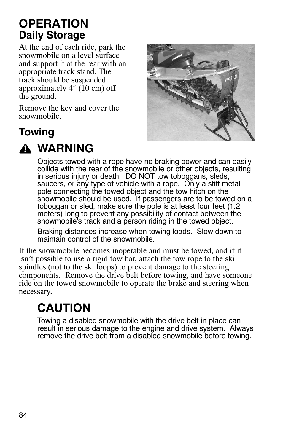 Operation, Warning, Caution | Daily storage, Towing | Polaris FST Touring User Manual | Page 87 / 157