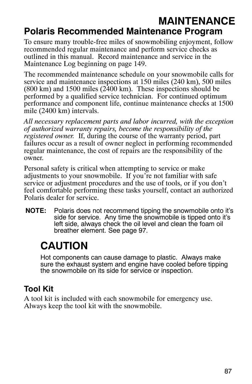 Maintenance, Caution, Polaris recommended maintenance program | Polaris FST Touring User Manual | Page 90 / 157