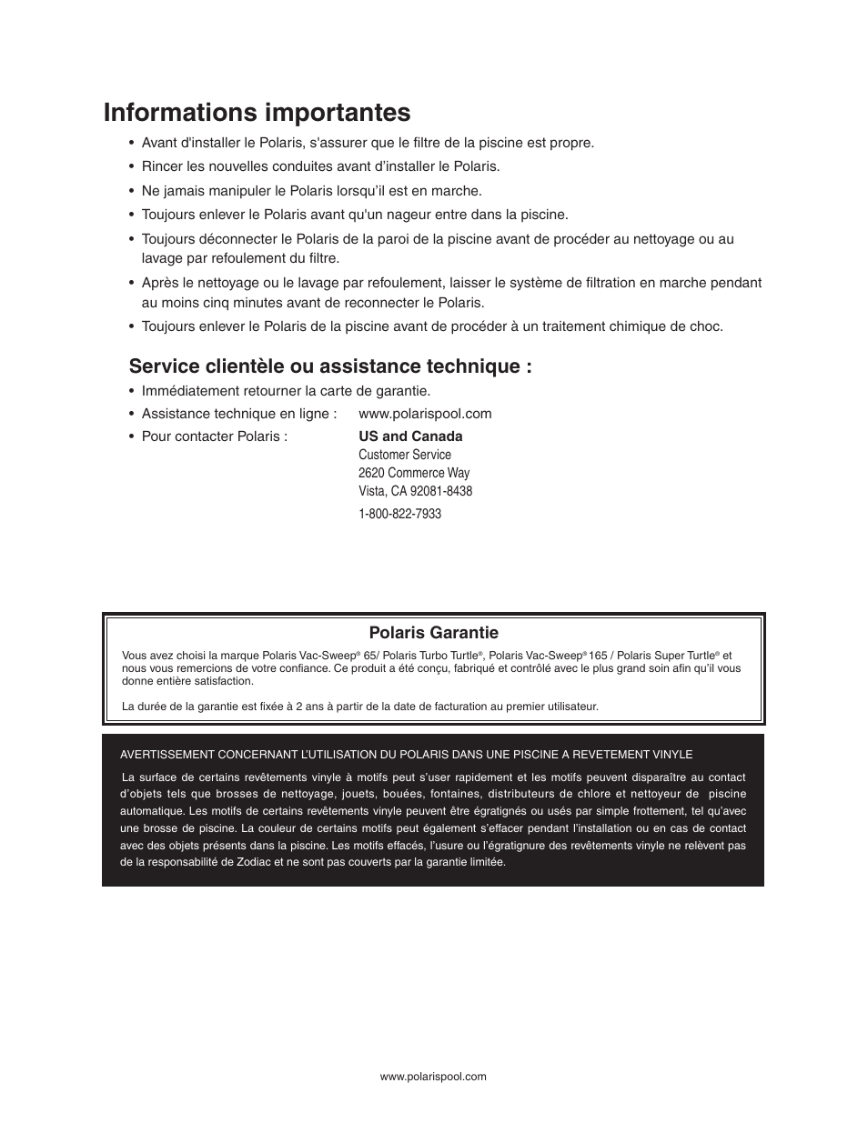 Informations importantes, Service clientèle ou assistance technique, Polaris garantie | Polaris SUPER TURTLE 65 User Manual | Page 10 / 52
