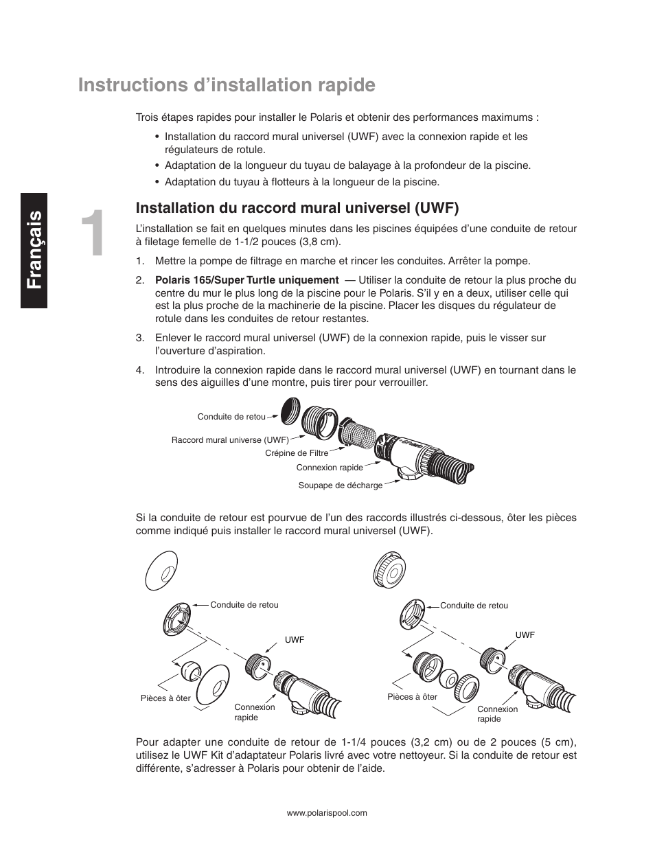 Instructions d’installation rapide français, Installation du raccord mural universel (uwf) | Polaris SUPER TURTLE 65 User Manual | Page 12 / 52