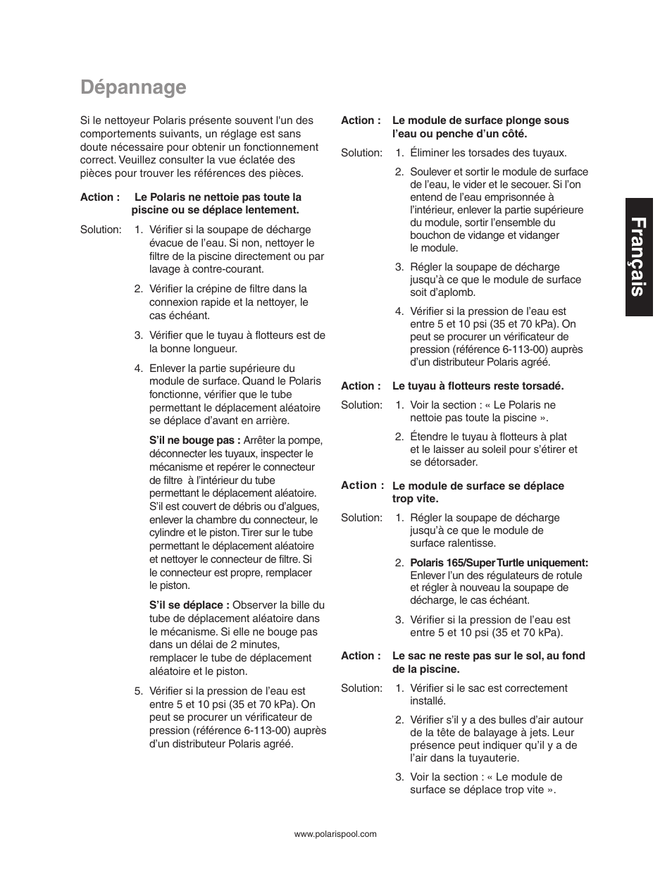 Dépannage, Français | Polaris SUPER TURTLE 65 User Manual | Page 15 / 52