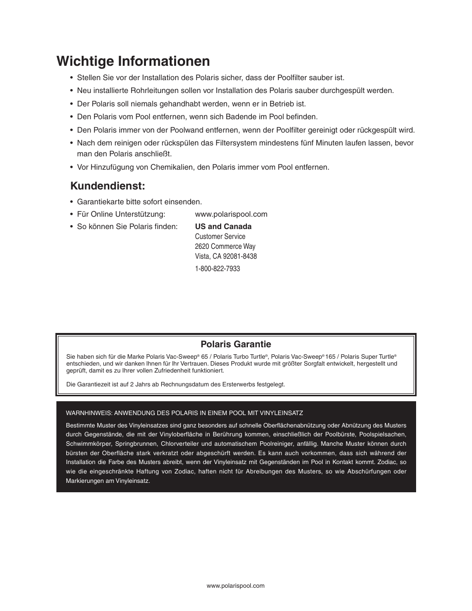 Wichtige informationen, Kundendienst, Polaris garantie | Polaris SUPER TURTLE 65 User Manual | Page 18 / 52