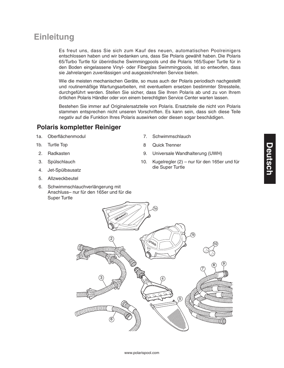 Einleitung, Deutsc h, Polaris kompletter reiniger | Polaris SUPER TURTLE 65 User Manual | Page 19 / 52