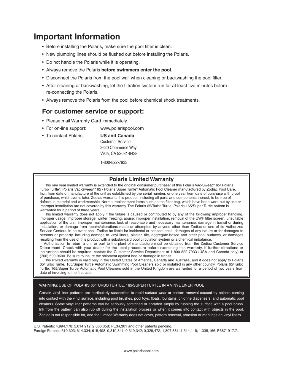 Important information, For customer service or support, Polaris limited warranty | Polaris SUPER TURTLE 65 User Manual | Page 2 / 52