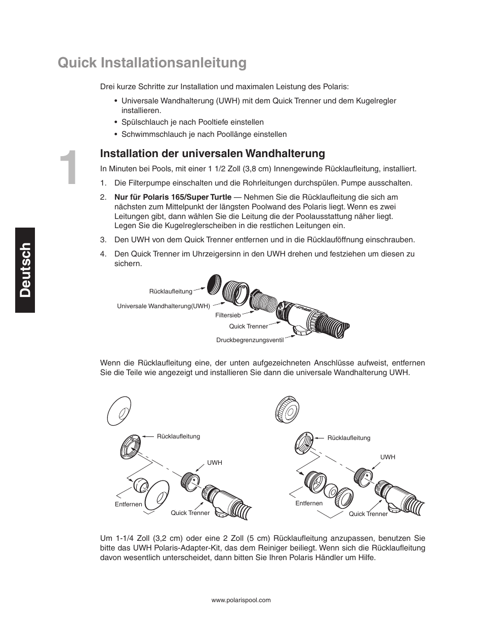 Quick installationsanleitung deutsc h, Installation der universalen wandhalterung | Polaris SUPER TURTLE 65 User Manual | Page 20 / 52