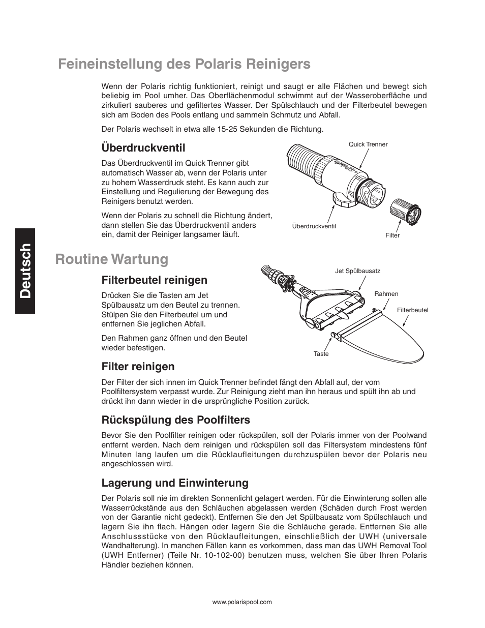 Feineinstellung des polaris reinigers deutsc h, Routine wartung, Überdruckventil | Filterbeutel reinigen, Filter reinigen, Rückspülung des poolfilters, Lagerung und einwinterung | Polaris SUPER TURTLE 65 User Manual | Page 22 / 52