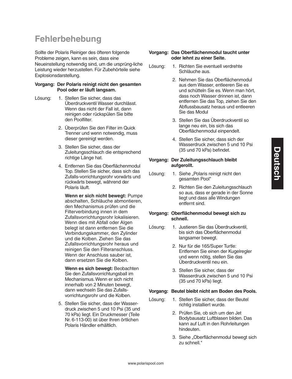 Fehlerbehebung, Deutsc h | Polaris SUPER TURTLE 65 User Manual | Page 23 / 52