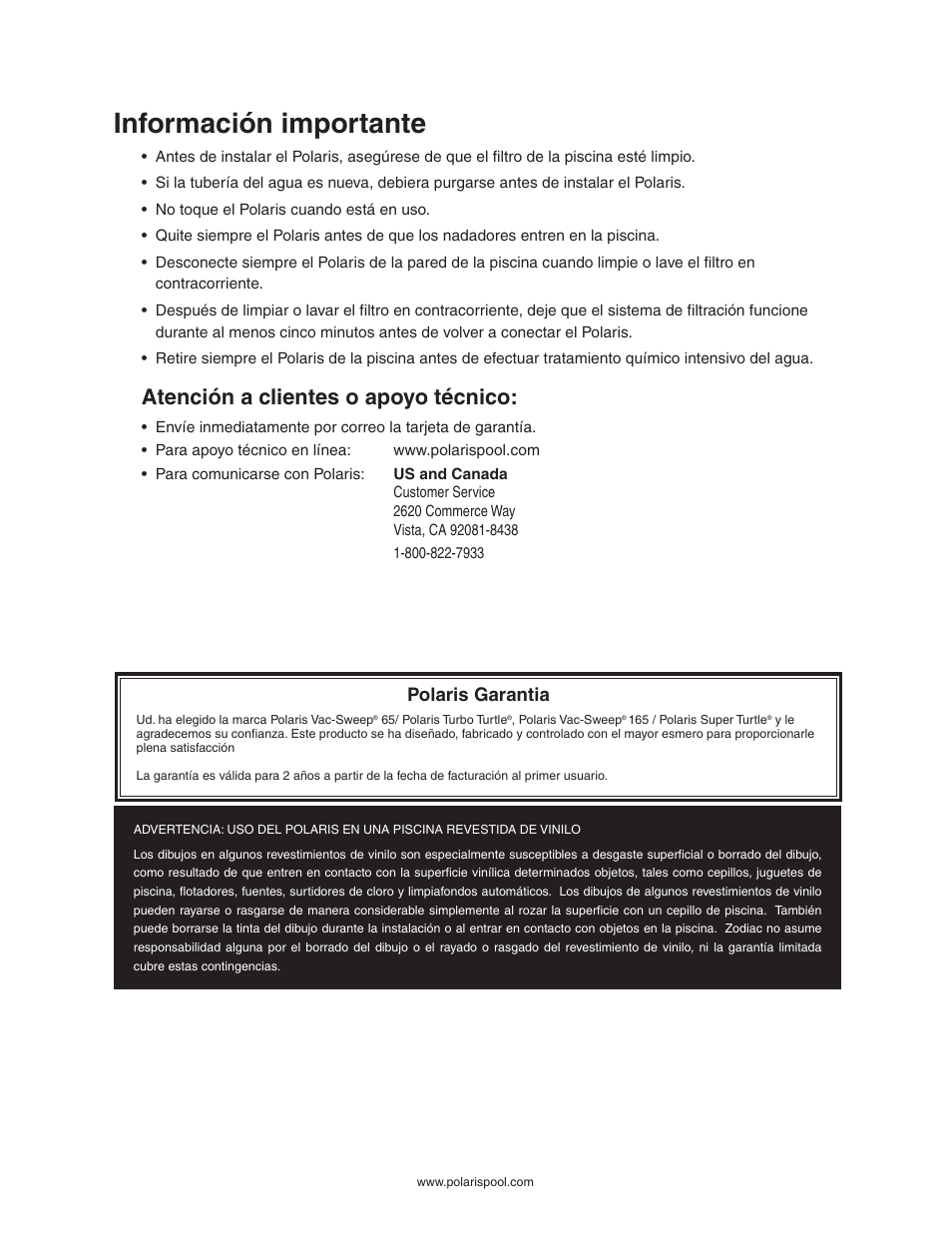 Información importante, Atención a clientes o apoyo técnico, Polaris garantia | Polaris SUPER TURTLE 65 User Manual | Page 26 / 52