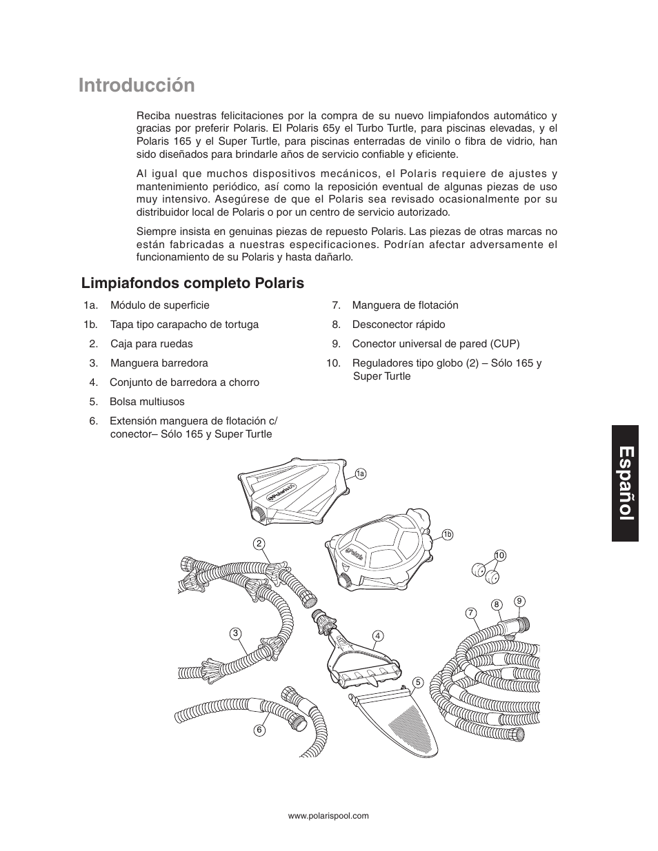 Introducción, Español, Limpiafondos completo polaris | Polaris SUPER TURTLE 65 User Manual | Page 27 / 52