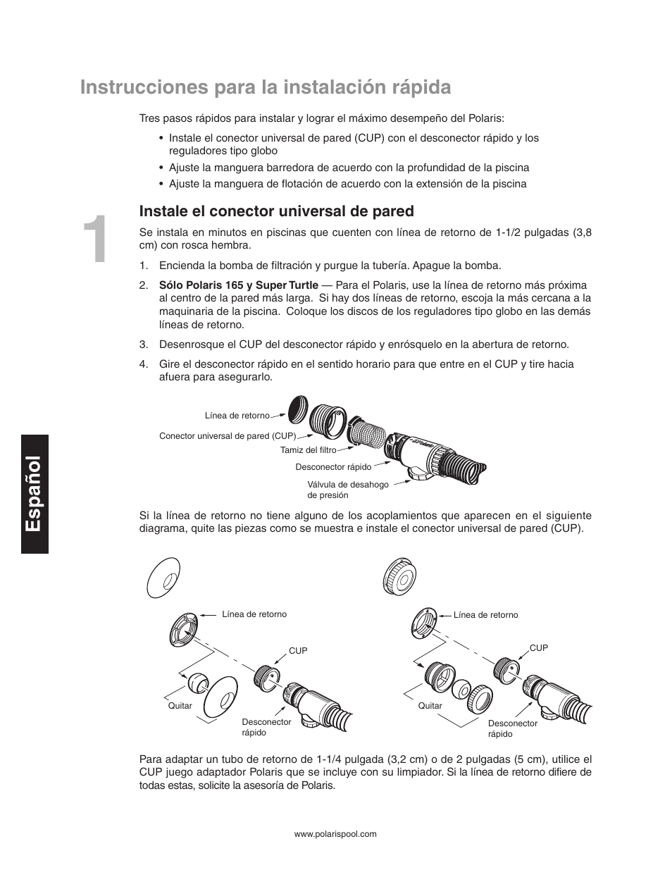 Instrucciones para la instalación rápida español, Instale el conector universal de pared | Polaris SUPER TURTLE 65 User Manual | Page 28 / 52