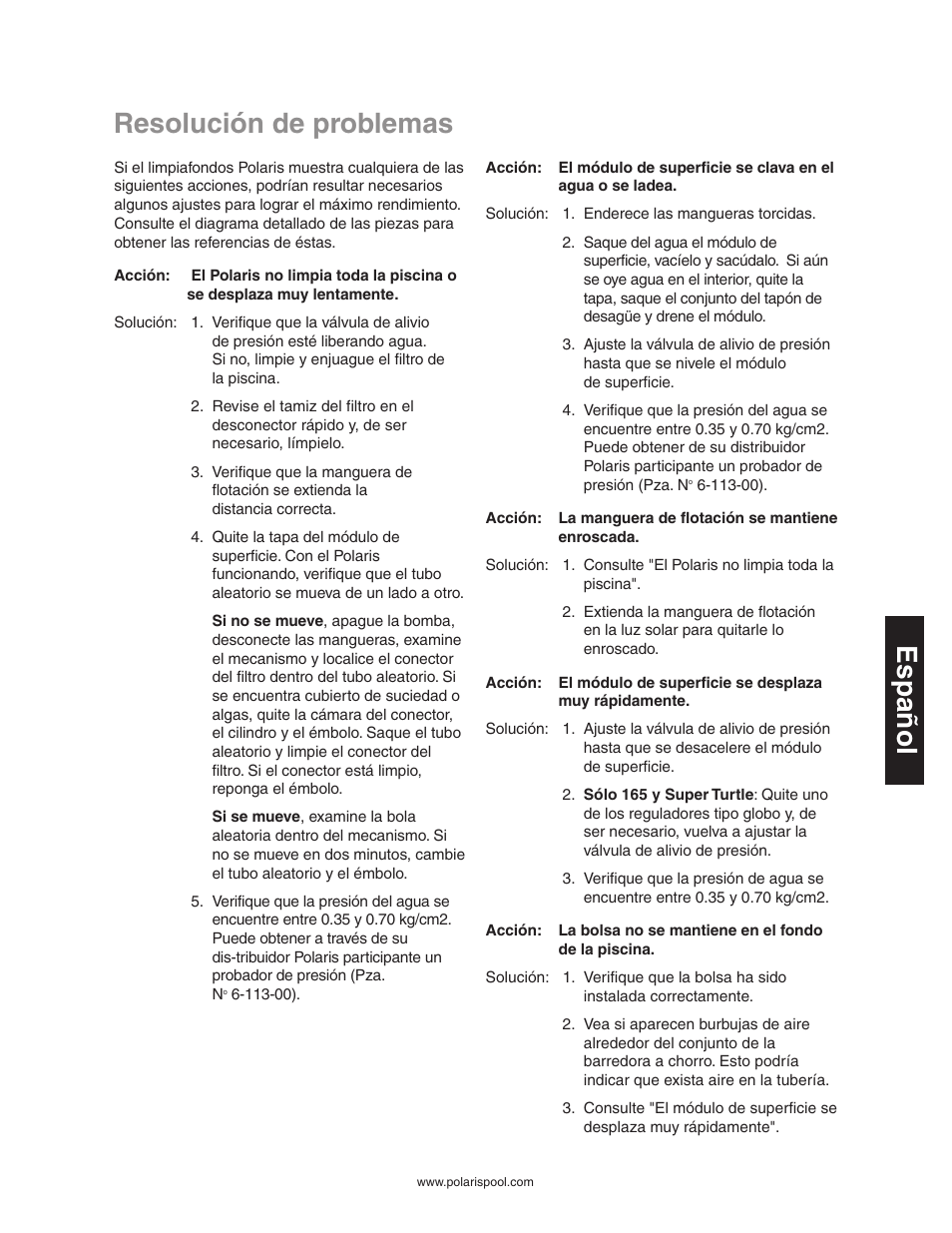 Resolución de problemas, Español | Polaris SUPER TURTLE 65 User Manual | Page 31 / 52