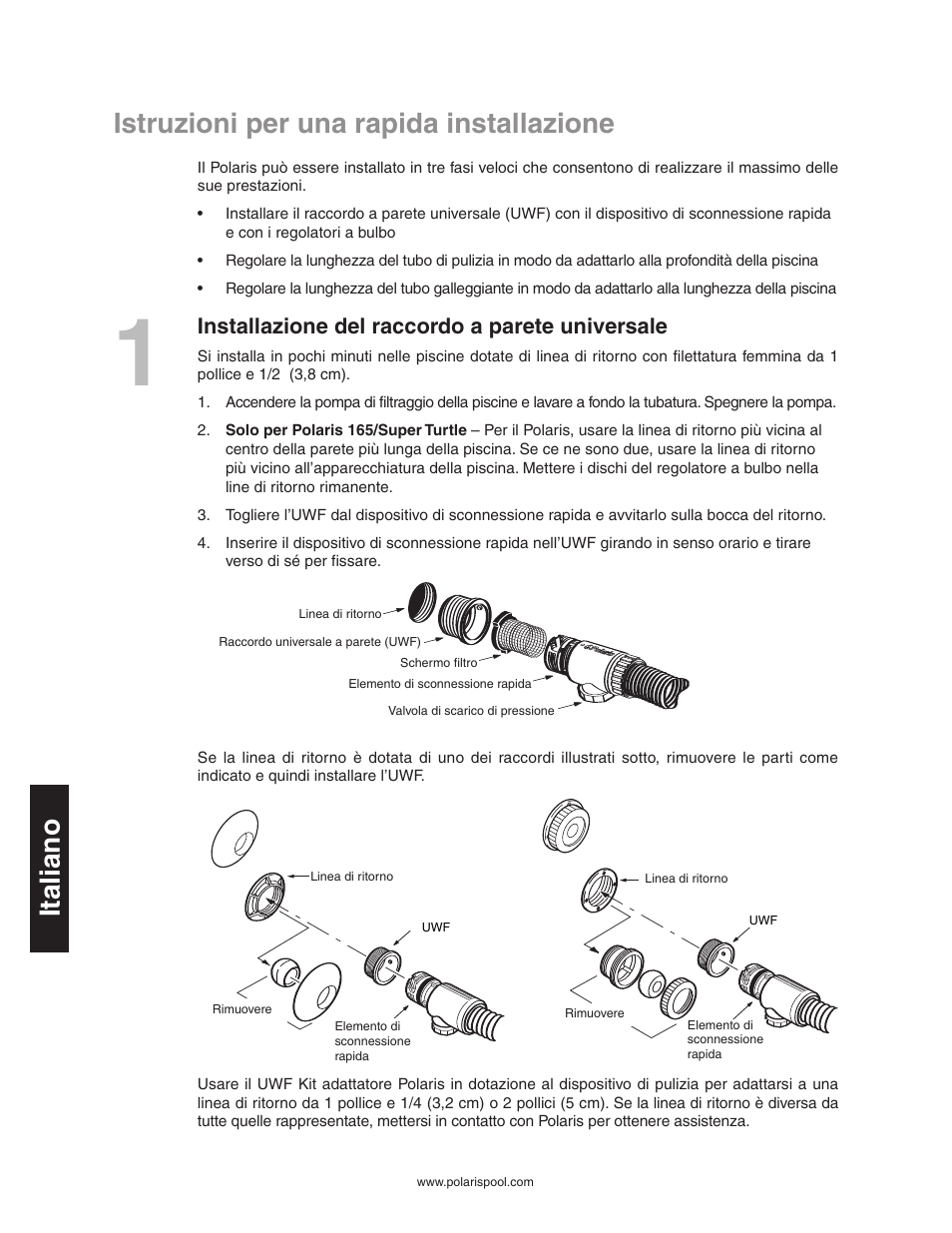 Istruzioni per una rapida installazione italiano, Installazione del raccordo a parete universale | Polaris SUPER TURTLE 65 User Manual | Page 36 / 52