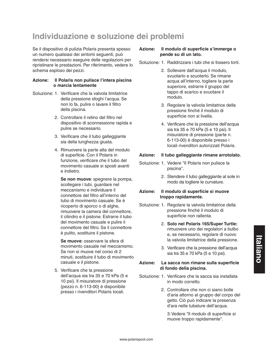Individuazione e soluzione dei problemi, Italiano | Polaris SUPER TURTLE 65 User Manual | Page 39 / 52