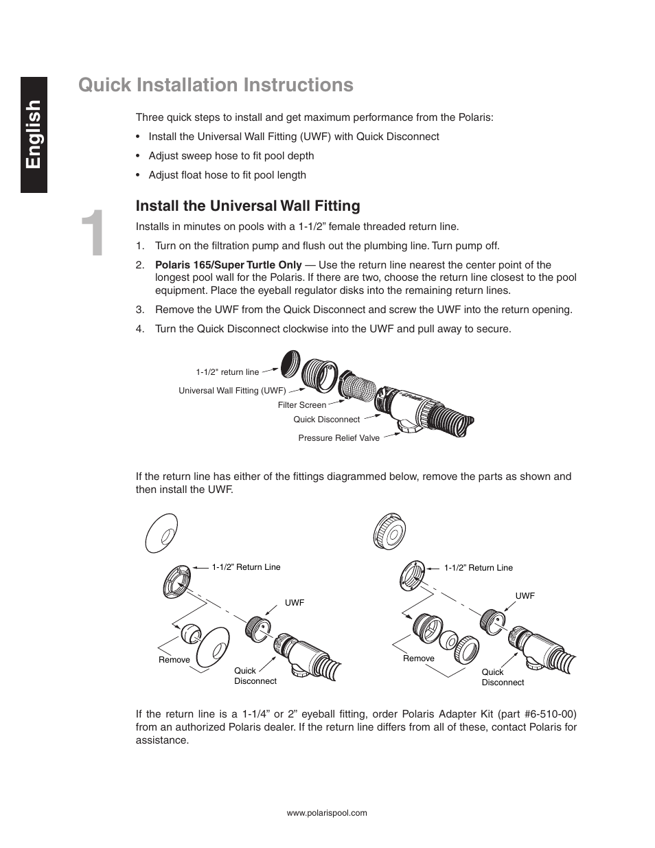 English quick installation instructions, Install the universal wall fitting | Polaris SUPER TURTLE 65 User Manual | Page 4 / 52