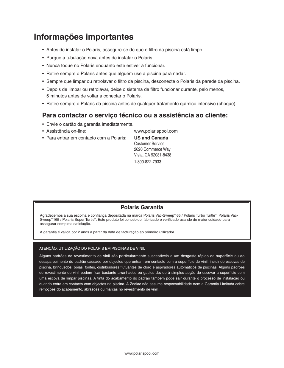 Informações importantes, Polaris garantia | Polaris SUPER TURTLE 65 User Manual | Page 42 / 52