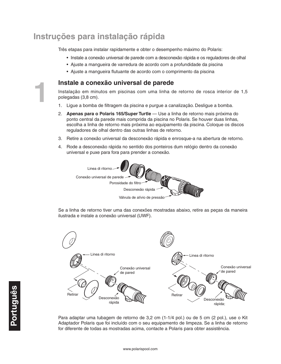 Instruções para instalação rápida p or tuguês, Instale a conexão universal de parede | Polaris SUPER TURTLE 65 User Manual | Page 44 / 52